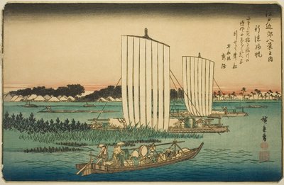 Terugkerende Zeilen bij Gyotoku (Gyotoku no kihan), uit de serie "Acht Zichten in de Omgeving van Edo (Edo kinko hakkei no uchi)" door Utagawa Hiroshige