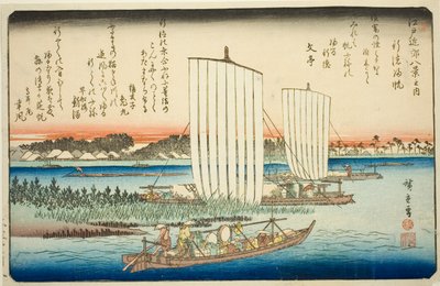 Terugkerende zeilen bij Gyotoku (Gyotoku no kihan), uit de serie "Acht uitzichten in de omgeving van Edo (Edo kinko hakkei no uchi)" door Utagawa Hiroshige