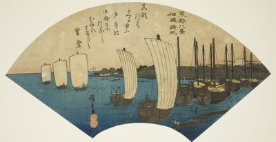 Terugkerende Zeilen bij Tsukudajima (Tsukudajima kihan), uit de serie "Acht Zichten op de Oostelijke Hoofdstad (Toto hakkei)" door Utagawa Hiroshige
