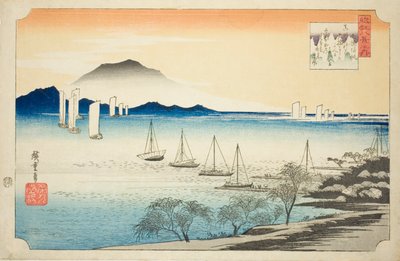 Terugkerende zeilen bij Yabase (Yabase no kihan), uit de serie "Acht Zichten van Omi (Omi hakkei no uchi)" door Utagawa Hiroshige