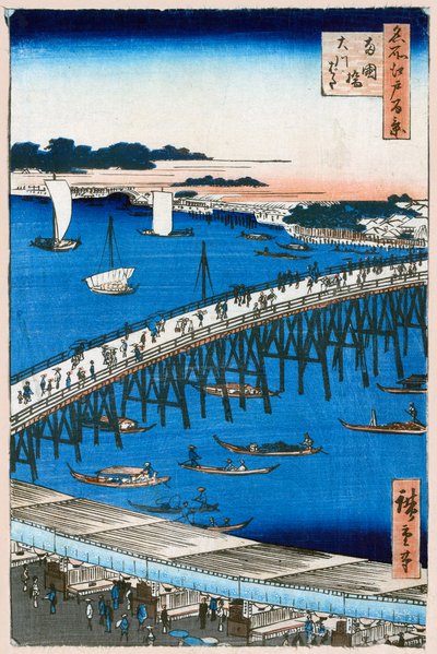 Rivierbank bij de Ryogoku-brug, Honderd beroemde uitzichten van Edo, 1856-1858 door Utagawa Hiroshige