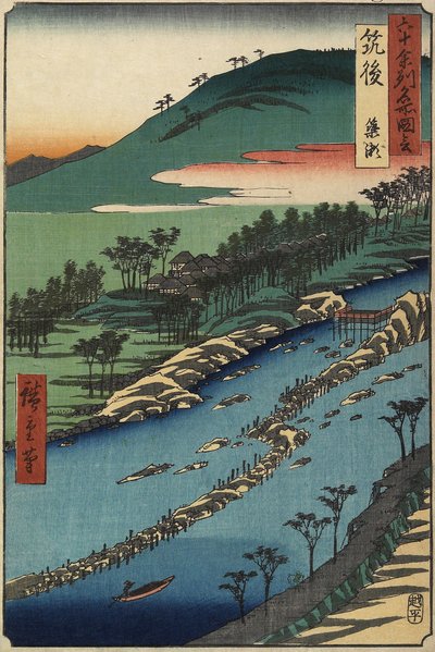 Rivier met visvallen, Chikugo provincie, september 1855 door Utagawa Hiroshige