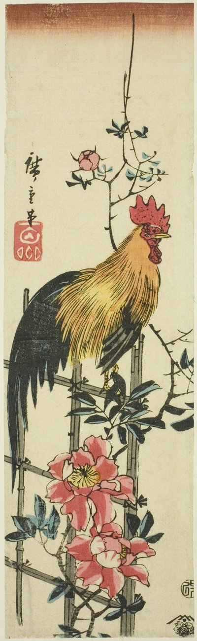 Haan zittend op rozenboog door Utagawa Hiroshige
