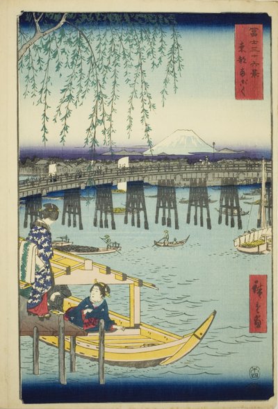 Ryogoku Brug in de Oostelijke Hoofdstad (Toto Ryogoku), uit de serie "Zesendertig Zichten op de Berg Fuji (Fuji sanjurokkei)" door Utagawa Hiroshige