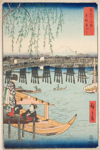 Ryogoku-brug in de oostelijke hoofdstad (Toto Ryogoku), uit de serie "Zesendertig gezichten op de berg Fuji (Fuji sanjurokkei)" door Utagawa Hiroshige
