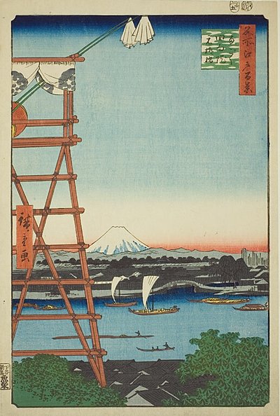 Ryogoku Ekoin en Moto-Yanagi Brug (Ryogoku Ekoin Moto-Yanagibashi), nr.5 uit de serie "Honderd beroemde vergezichten van Edo (Meisho Edo hyakkei)". door Utagawa Hiroshige