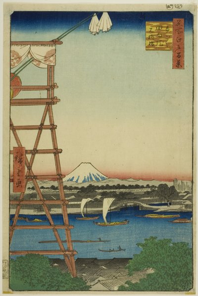 Ryogoku Ekoin en Moto-Yanagi Brug (Ryogoku Ekoin Moto-Yanagibashi), uit de serie "Honderd beroemde vergezichten van Edo (Meisho Edo hyakkei)". door Utagawa Hiroshige