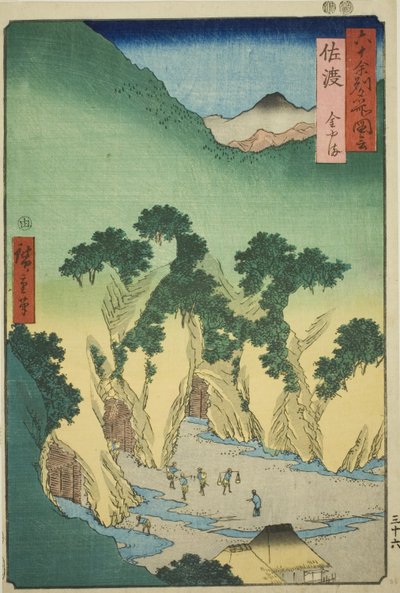 Sado Provincie: Goudmijnen (Sado, Kinzan), uit de serie "Beroemde plaatsen in de zestig-odd provincies (Rokujuyoshu meisho zue)" door Utagawa Hiroshige