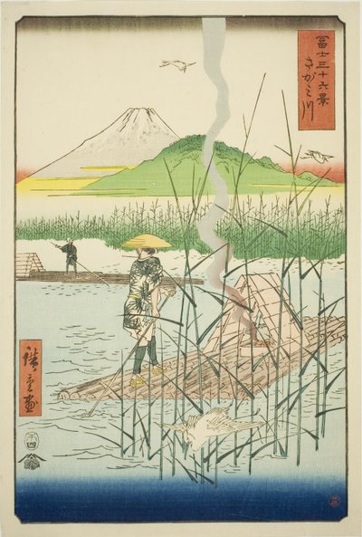 Sagami Rivier (Sagamigawa), uit de serie "Zesendertig Zichten op de Berg Fuji (Fuji sanjurokkei)" door Utagawa Hiroshige