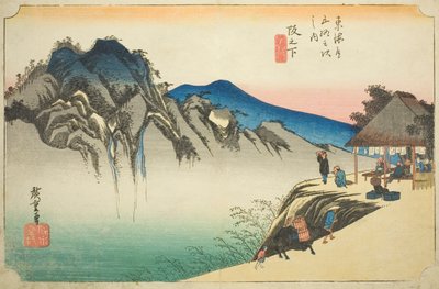 Sakanoshita: Top van de Fudesute-berg (Sakanoshita, Fudesute mine), uit de serie "Drieënvijftig stations van de Tokaido (Tokaido gojusan tsugi no uchi)," ook bekend als de Hoeido Tokaido door Utagawa Hiroshige