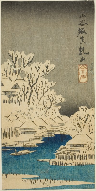 Sanya Kanaal en Matsuchi Heuvel (Sanyabori Matsuchiyama), deel van een blad uit de serie "Uitknipsels van Beroemde Plaatsen in Edo (Harimaze Koto meisho)" door Utagawa Hiroshige