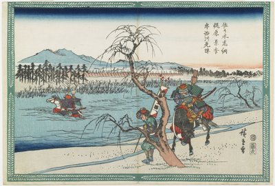 Sasaki Takastuna en Kajiwara Kagetoki strijden om de leiding bij het oversteken van de Uji-rivier, 1834-1839 door Utagawa Hiroshige