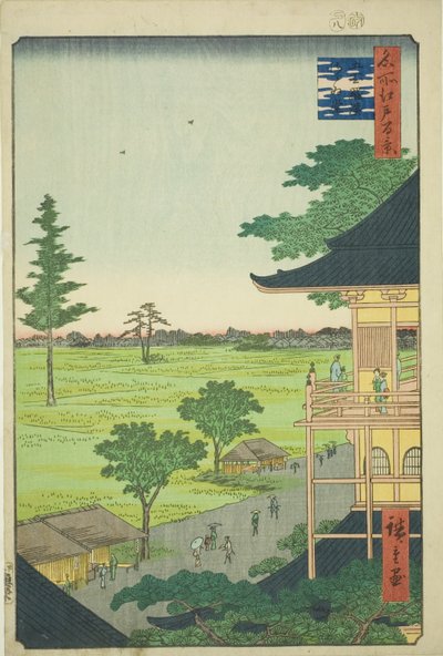 Sazai Hall van de Vijfhonderd Rakan Tempel (Gohyaku Rakan Sazaido), uit de serie "Honderd Beroemde Zichten van Edo (Meisho Edo hyakkei)" door Utagawa Hiroshige