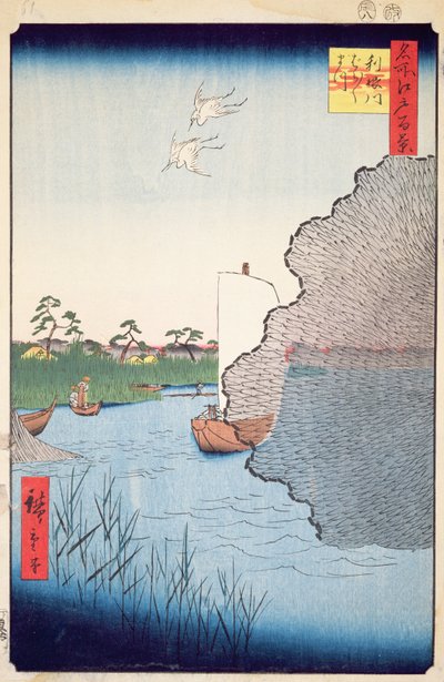 Verspreide Pijnbomen, Tone-rivier, nr. 71 uit Honderd beroemde Zichten van Edo, 1856 door Utagawa Hiroshige