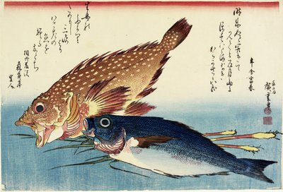 Schorpioenvis, kipgrunter en gemberstengels, ca. 1832 door Utagawa Hiroshige