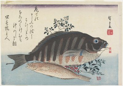 Zeebrasem, zoetvis en nandina takken, c. 1840 door Utagawa Hiroshige