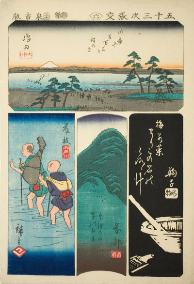Shimada, Fujieda, Okabe, en Mariko, nr. 6 uit de serie "Uitknipsels van de Drieënvijftig Stations (Gojusan tsugi harimaze)" door Utagawa Hiroshige