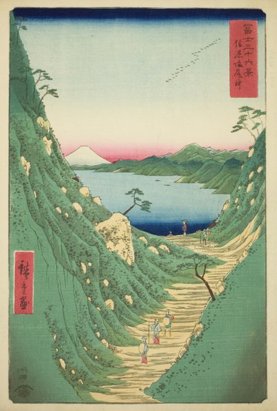 Shiojiri Pass in Shinano Provincie (Shinano Shiojiri toge), uit de serie "Zesendertig Zichten op de Berg Fuji (Fuji sanjurokkei)" door Utagawa Hiroshige