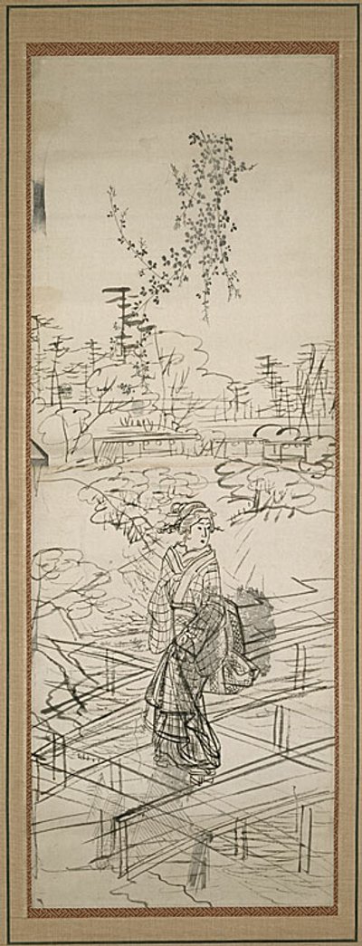 Schets van vrouw die brug oversteekt door Utagawa Hiroshige