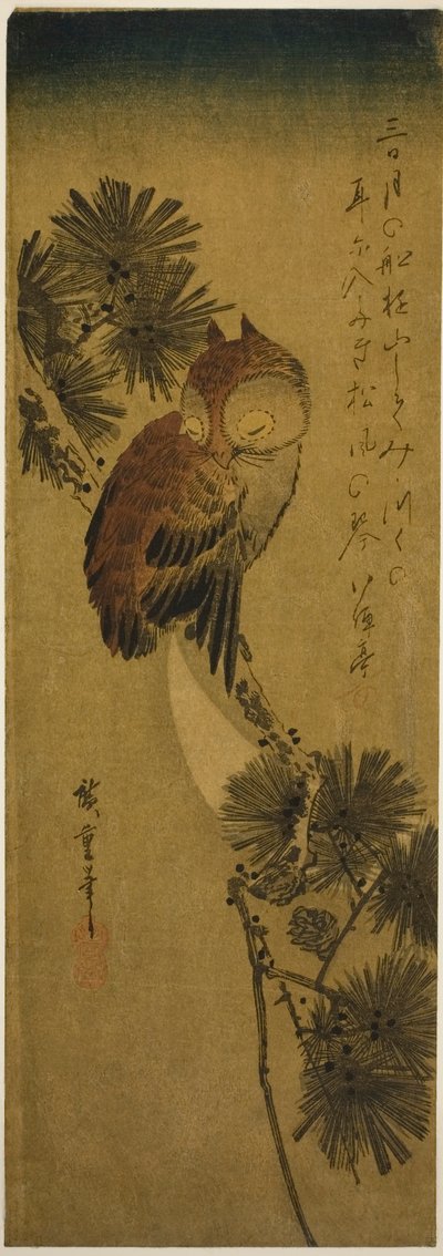 Kleine gehoornde uil, dennenboom en halve maan door Utagawa Hiroshige