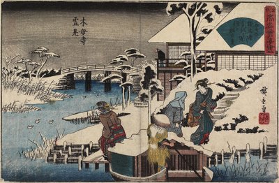 Sneeuwscène bij de Mokubo-ji Tempel en het Restaurant Uekiya, ca. 1835-1842 door Utagawa Hiroshige
