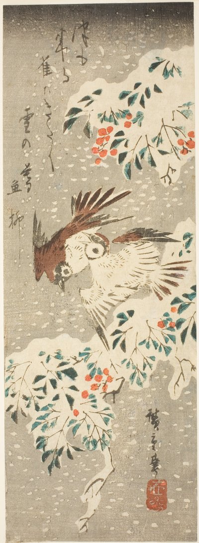 Mussen fladderen rond met sneeuw bedekte Nandina terwijl er meer sneeuw valt door Utagawa Hiroshige