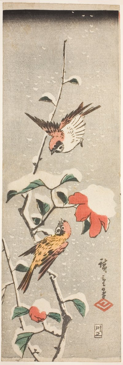 Mussen en Camelia in de Sneeuw door Utagawa Hiroshige