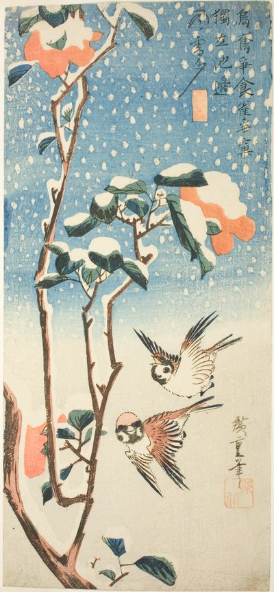 Mussen en camelia in de sneeuw door Utagawa Hiroshige