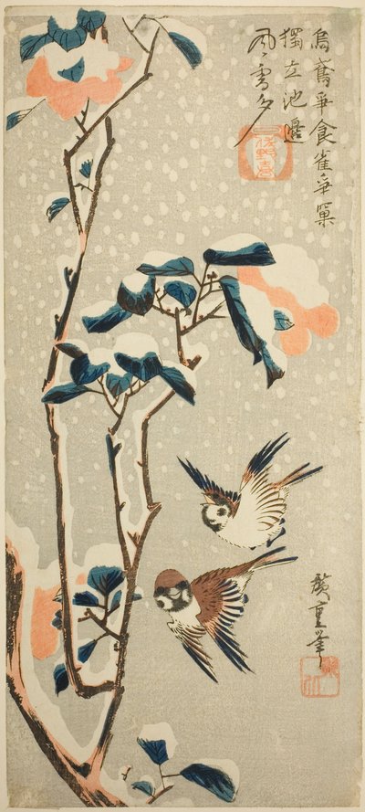 Mussen en Camelia in de Sneeuw door Utagawa Hiroshige
