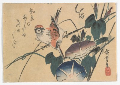 Mussen en ochtendglorieën, Edo-periode, late jaren 1830 door Utagawa Hiroshige