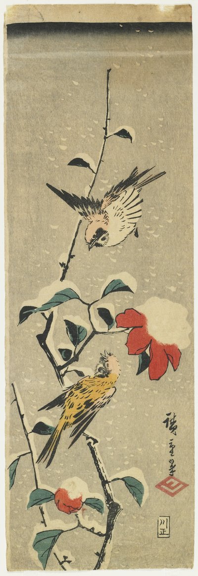 Mussen en Sneeuwige Camellia, 1837-1848 door Utagawa Hiroshige