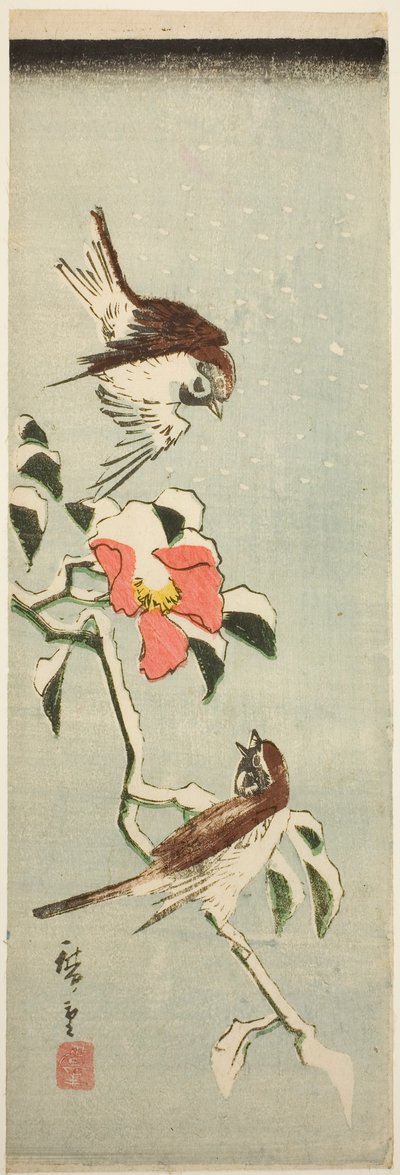 Mussen en Camelia in de Sneeuw door Utagawa Hiroshige