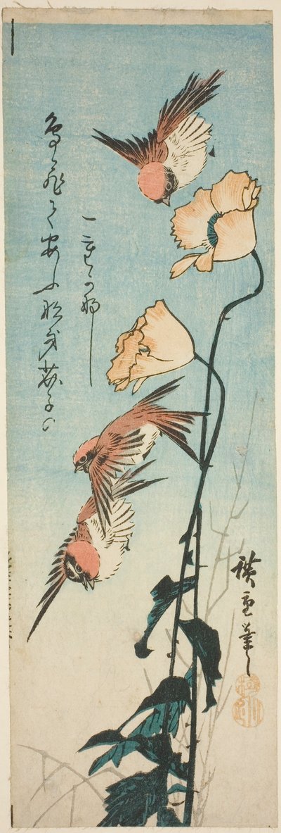 Mussen en klaprozen door Utagawa Hiroshige