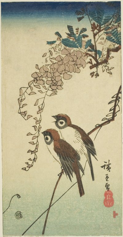 Mussen en blauwe regen door Utagawa Hiroshige
