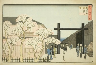 Lenteochtend in de nieuwe Yoshiwara (Shin Yoshiwara haru akebono no zu), uit de serie "Beroemde plaatsen in Edo (Edo meisho no uchi)" door Utagawa Hiroshige