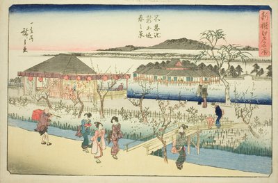 Lentezicht op de nieuwe dijk bij Shinobazu-vijver, uit de serie "Nieuw geselecteerde beroemde plaatsen in Edo" door Utagawa Hiroshige