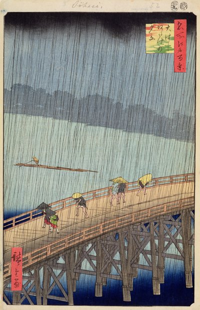 Plotselinge Regenbui over Shin-Ohashi Brug en Atake, plaat 58 uit Honderd Beroemde Zichten van Edo door Utagawa Hiroshige