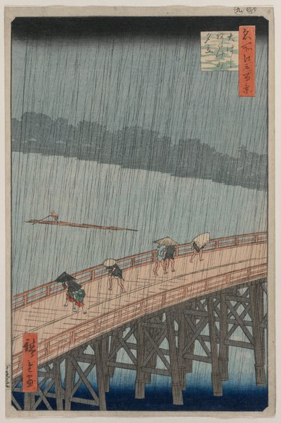Plotselinge regenbui over Shin-Ōhashi-brug en Atake, uit de serie Honderd beroemde uitzichten van Edo door Utagawa Hiroshige