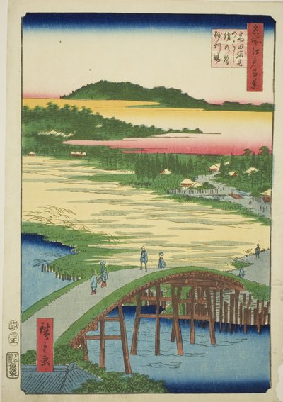 Sugatami-brug, Omokage-brug en de Grindgroeve bij Takata (Takata Sugataminohashi Omokagenohashi jariba), uit de serie "Honderd Beroemde Zichten van Edo (Meisho Edo hyakkei)" door Utagawa Hiroshige