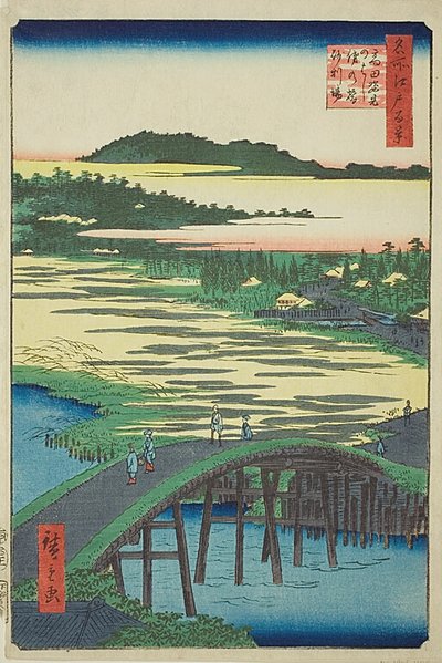 Sugatami Bridge, Omokage Bridge and the Gravel Pit at Takata (Takata Sugataminohashi Omokagenohashi jariba), No.116 uit de serie "Honderd beroemde vergezichten van Edo (Meisho Edo hyakkei)". door Utagawa Hiroshige
