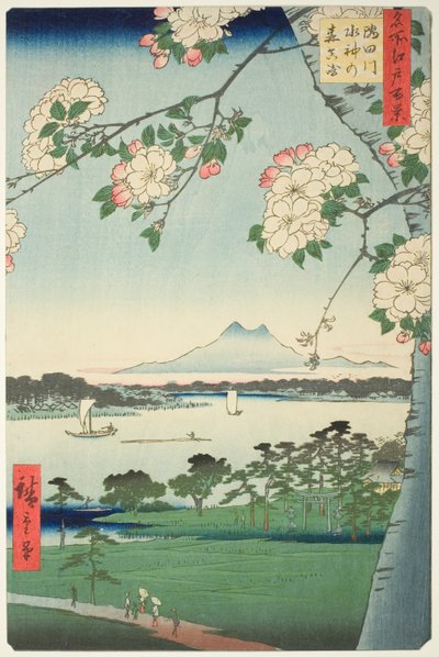 Suijin-schrijn en Massaki aan de Sumida-rivier (Sumidagawa Suijin no mori Massaki), uit de serie "Honderd beroemde zichten van Edo (Meisho Edo hyakkei)" door Utagawa Hiroshige