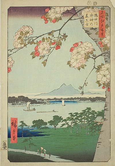 Suijin Shrine en Massaki aan de Sumida-rivier (Sumidagawa Suijin no mori Massaki), nr.35 uit de serie "Honderd beroemde vergezichten van Edo (Meisho Edo hyakkei)". door Utagawa Hiroshige