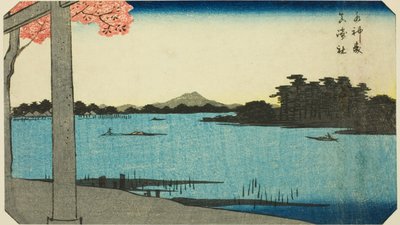 Suijin Bossen en het Heiligdom bij Massaki (Suijin no mori, Massaki yashiro), sectie van een blad uit de serie "Uitgeknipte Afbeeldingen van Beroemde Plaatsen in Edo (Edo meisho harimaze zue)" door Utagawa Hiroshige