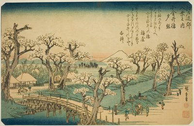 Zonsondergang bij Koganei-brug (Koganei-bashi sekisho), uit de serie "Acht uitzichten in de omgeving van Edo (Edo kinko hakkei no uchi)" door Utagawa Hiroshige