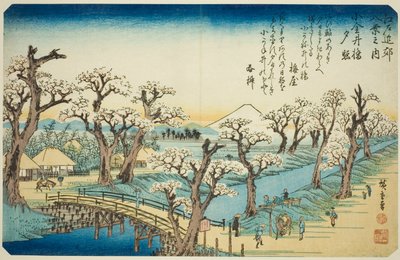 Zonsondergang bij Koganei-brug (Koganei-bashi sekisho), uit de serie "Acht Zichten in de Omgeving van Edo (Edo kinko hakkei no uchi)" door Utagawa Hiroshige
