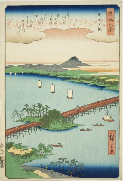 Zonsondergang bij Seta (Seta sekisho), uit de serie "Acht Zichten van Omi (Omi hakkei)" door Utagawa Hiroshige