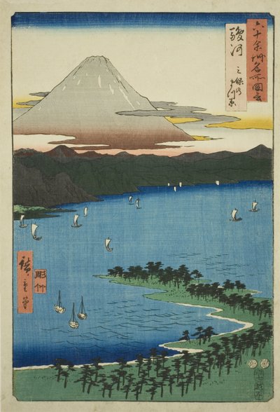 Provincie Suruga: Het Dennenbos bij Miho (Suruga, Miho no matsubara), uit de serie "Beroemde Plaatsen in de Zestig-odd Provincies (Rokujuyoshu meisho zue)" door Utagawa Hiroshige