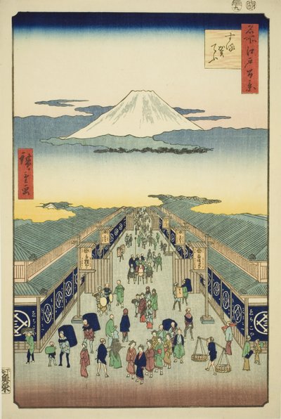 Surugacho, uit de serie "Honderd beroemde uitzichten van Edo (Meisho Edo hyakkei)" door Utagawa Hiroshige