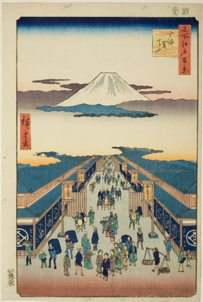 Surugacho, uit de serie "Honderd Beroemde Uitzichten van Edo (Meisho Edo hyakkei)" door Utagawa Hiroshige