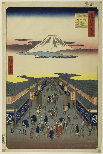 Surugacho, uit de serie "Honderd beroemde vergezichten van Edo (Meisho Edo hyakkei)". door Utagawa Hiroshige
